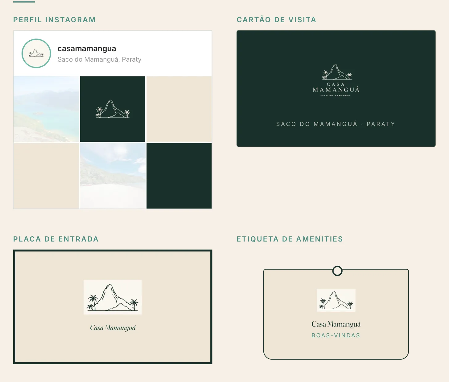 Aplicações da marca: perfil de Instagram, cartão de visita, placa de entrada e etiqueta de amenities.