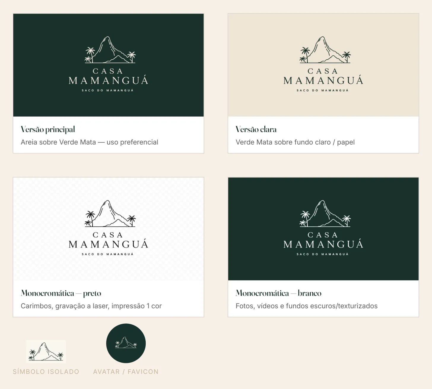 Quatro versões do logotipo — principal, clara e duas monocromáticas — além do símbolo isolado e do avatar.