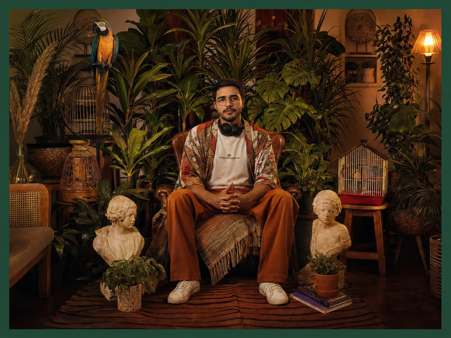 João sentado numa poltrona de couro, cercado de plantas, com uma arara azul e amarela ao lado.