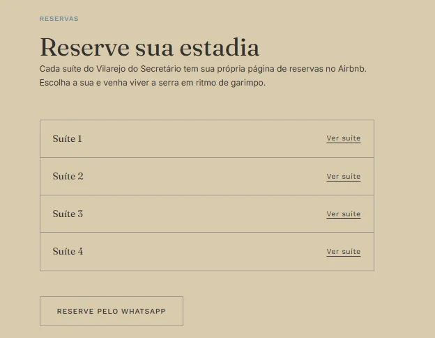 Seção de reservas, com uma linha por suíte levando à respectiva página no Airbnb.
