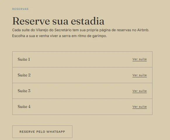 Seção de reservas, com uma linha por suíte levando à respectiva página no Airbnb.